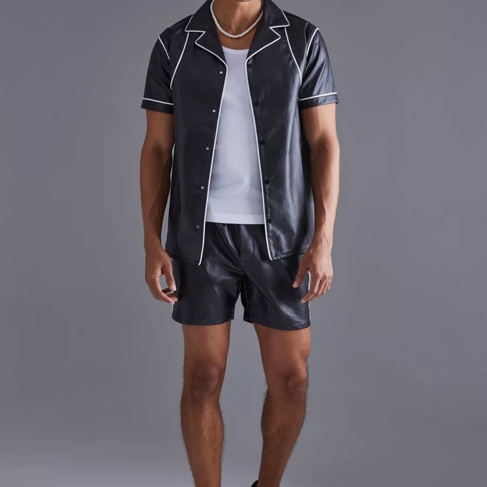 Short Sleeve Revere Piped Pu (Faux Leather) Shirt & Short Set